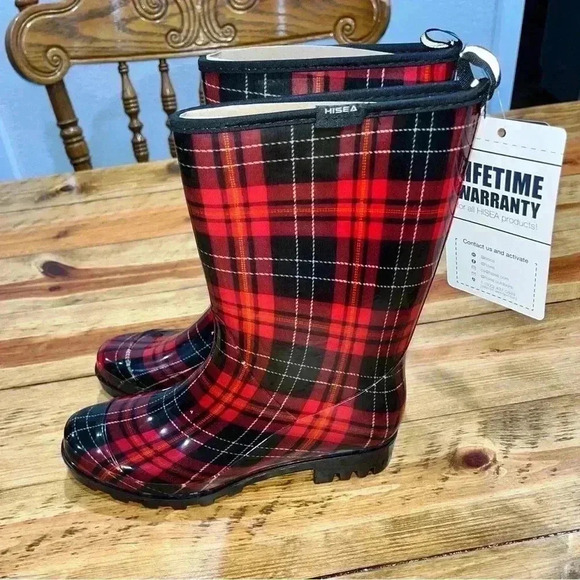 Hisea NWT womens rain/ gardening waterproof boots plaid with lifetime warranty - Picture 6 of 10